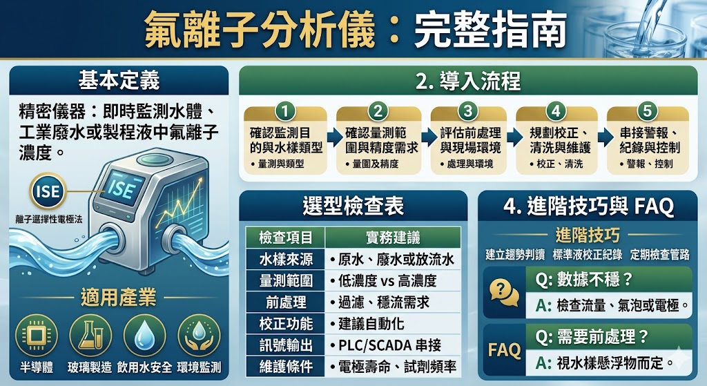 氟離子分析儀可即時監測水體、工業廢水與製程液中的氟離子濃度，常用於半導體、玻璃製造、環境監測與飲用水安全管理。透過氟離子分析儀的連續監測、校正與訊號輸出，可協助現場快速掌握水質變化，降低人工採樣落差並提升廢水處理效率。