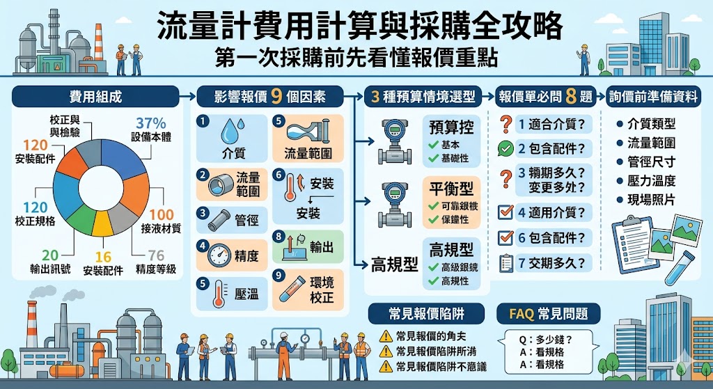 流量計費用怎麼算會受到量測介質、管徑、精度、安裝方式與校正需求影響。本文整理流量計報價組成、影響價位的因素、預算選擇與報價單必問重點，幫助第一次採購流量計的業主更快判斷方案是否合理，並降低後續追加費用風險。